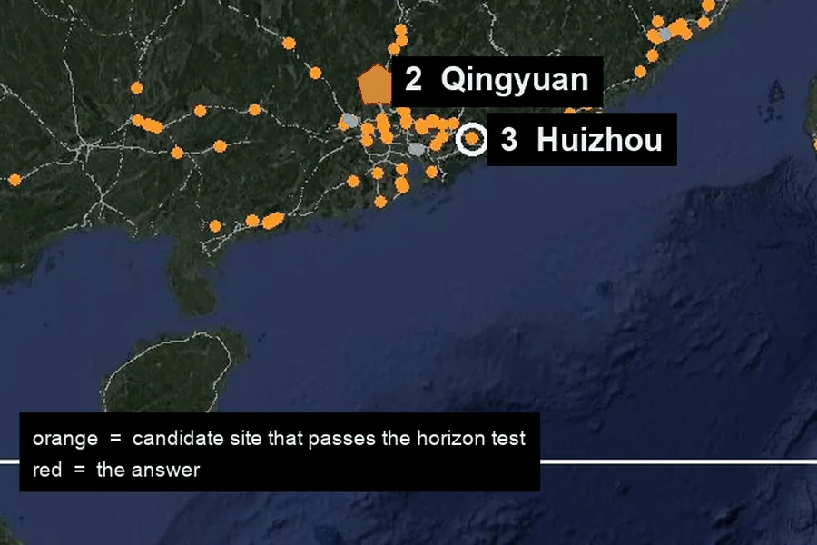 Region scan: candidate sites marked in orange across southern China