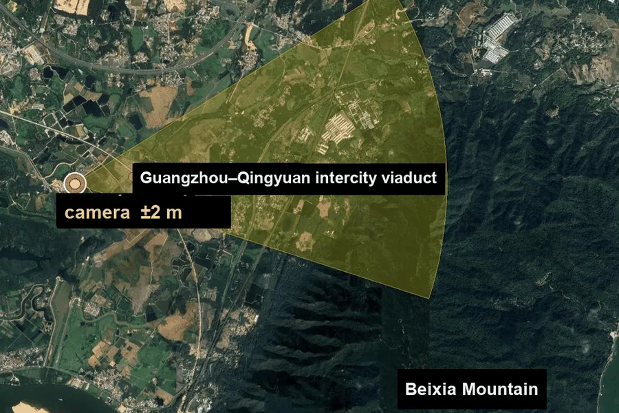 Answer: camera position and field of view on satellite imagery, within 2 m
